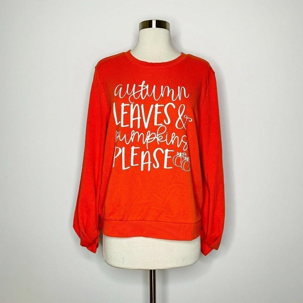 UPCYCLED Mossimo Sweatshirt Women XL Orange Balloon Sleeve Autumn Leave Pumpkins